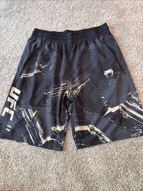 UFC Black Athletic Shorts with Cream Graphic Accents